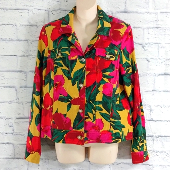 Jones New York Jacket Floral Vibrant Linen Blend  Sz M - Picture 1 of 7